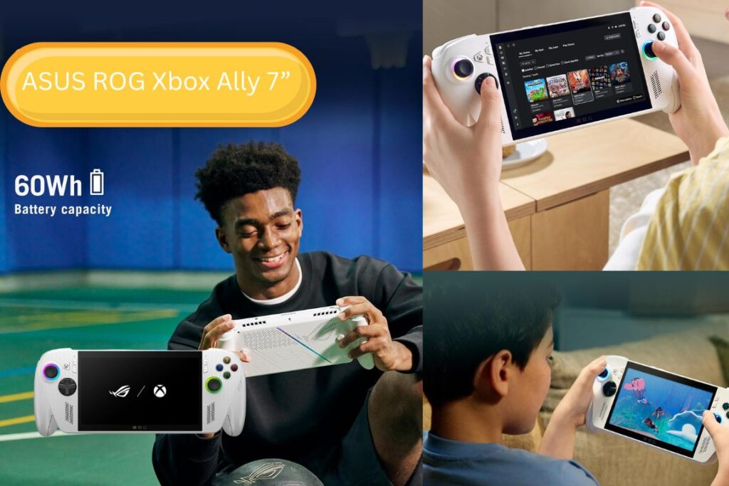 ASUS ROG Ally 7 handheld on a desk showing a sci-fi game with 1080p 120Hz VRR specs on screen.