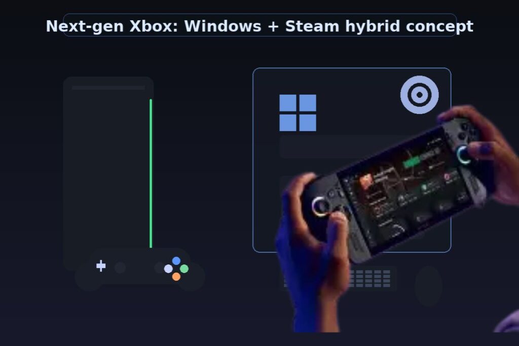 Modern banner showing a generic console tower with green accent on the left and a Windows-style panel with a Steam-like circular icon, keyboard, and mouse on the right—visualizing a next-gen Xbox that doubles as a Windows + Steam hybrid.