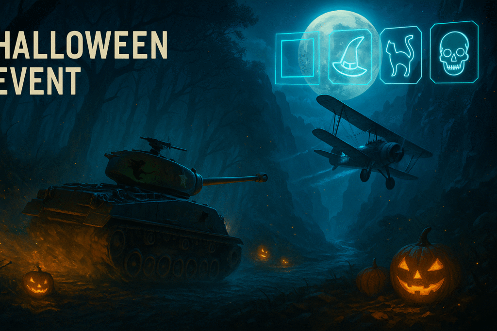 War Thunder Halloween, M18 Witch racing a haunted forest and Po-2 Night Witch diving through a ravine, glowing pumpkin accents.