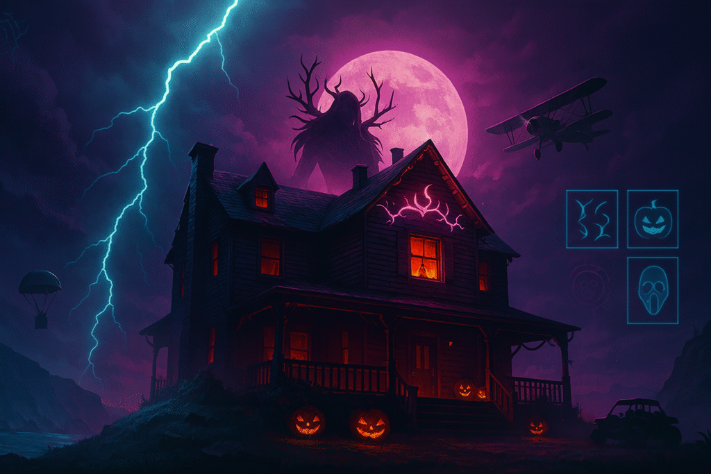 Mother of Thorns overlooking a moonlit Fortnite island with Jason, Wednesday Addams, Scooby-Doo, and Ghost Face silhouettes