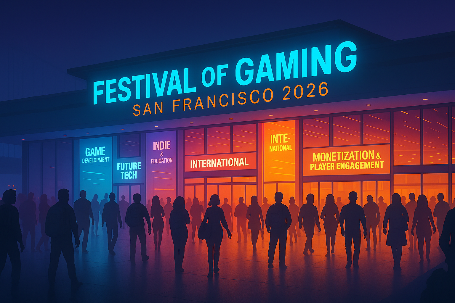 Moscone Center at night with attendees moving between GDC Festival of Gaming sessions and the Festival Hall