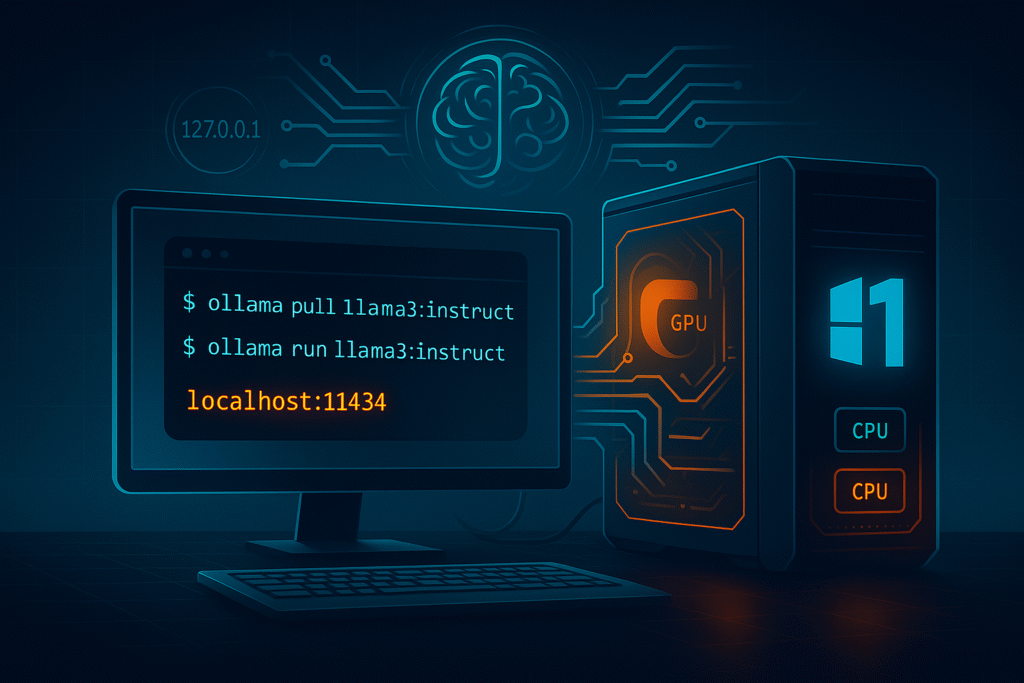 Windows 11 PC running Ollama locally with terminal commands and localhost:11434, GPU/CPU highlighted