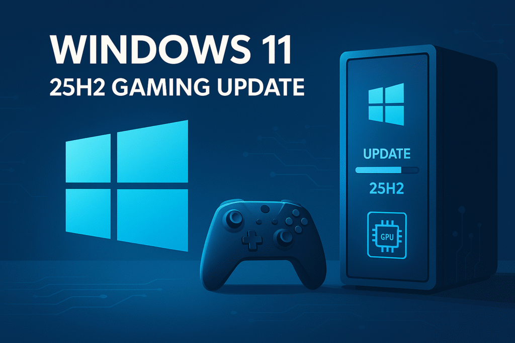 Windows 11 25H2 gaming update artwork showing a PC tower with the Windows logo, an update progress bar, and a game controller on a desk.