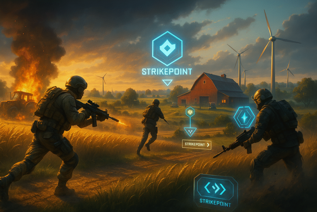 Battlefield-style squad sprinting through golden wheat toward a red barn on “Blackwell Fields,” with glowing Strikepoint HUD icons and a burning tractor in the background at sunset.