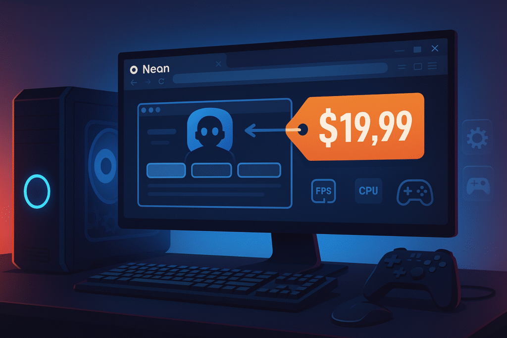 Gaming desktop with a monitor showing an AI browser labeled “Neon” and a bright price tag reading $19.99, next to a PC tower and controller in neon blue lighting.