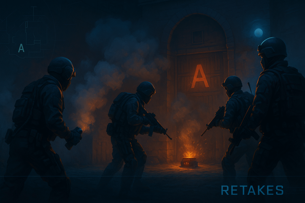 Counter-Strike 2 agents preparing for a site retake with four players under night lighting