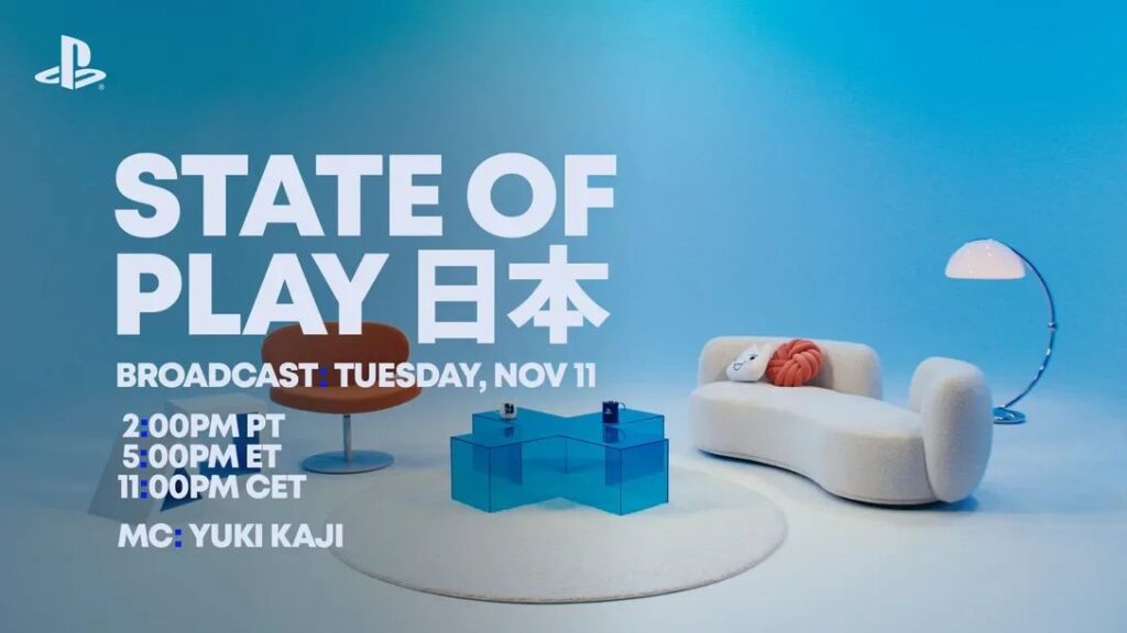 PlayStation State of Play Japan promotional banner featuring a minimalist blue gradient background with white furniture set including a curved sofa with red PlayStation controller pillows and a blue geometric coffee table. Text displays 'STATE OF PLAY 日本' with broadcast details: Tuesday, Nov 11 at 2:00PM PT, 5:00PM ET, 11:00PM CET, hosted by MC Yuki Kaji. PlayStation logo appears in top left corner.