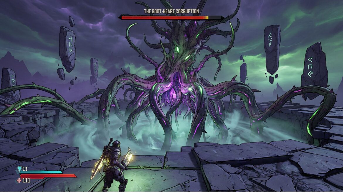 Bloomreaper the Invincible raid boss from Borderlands 4, a corrupted plant god towering over floating stone pillars in a dark abyss