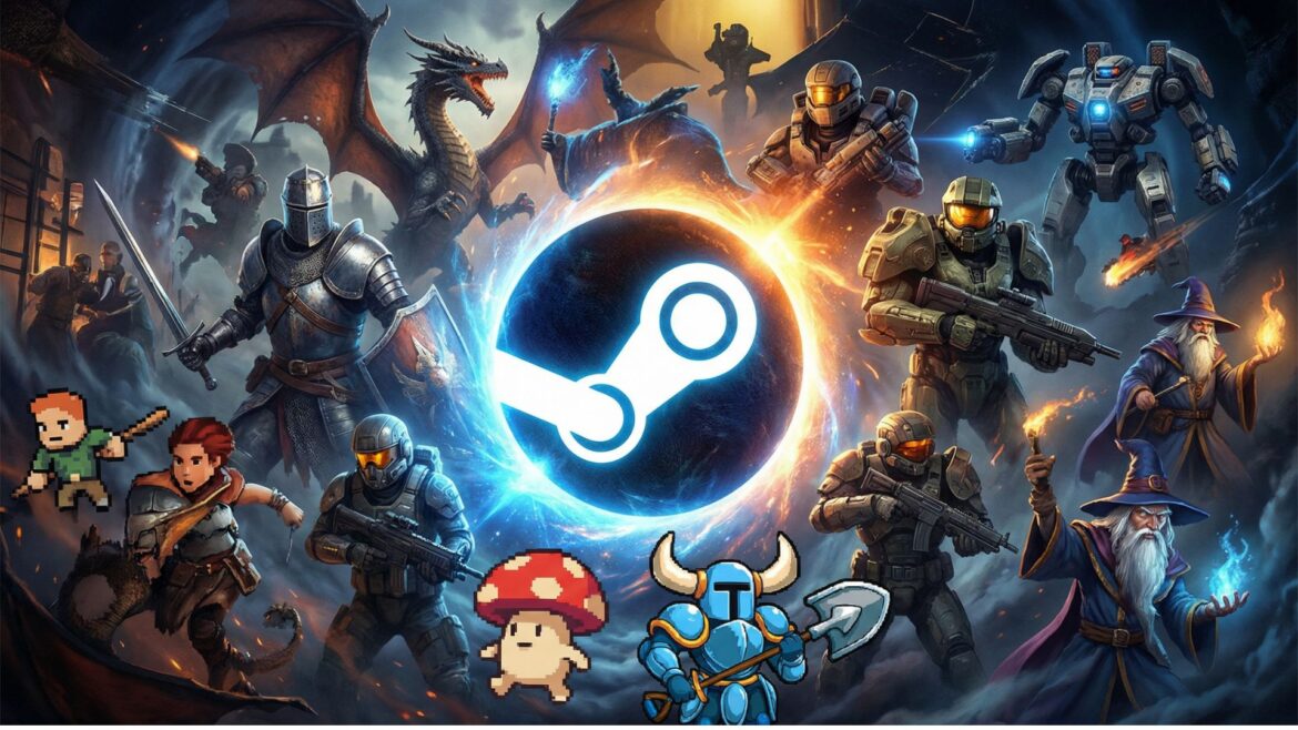 Collage of 2025's top Steam games representing multiple genres around Steam platform imagery