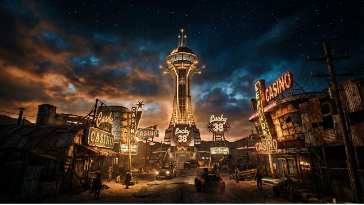 New Vegas strip at night with glowing neon signs and the Lucky 38 casino tower in post-apocalyptic setting