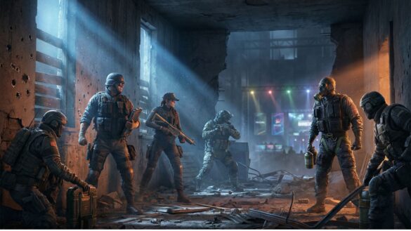 Rainbow Six Siege operators in tactical formation inside a destroyed building with dramatic lighting representing the game's decade of competitive evolution