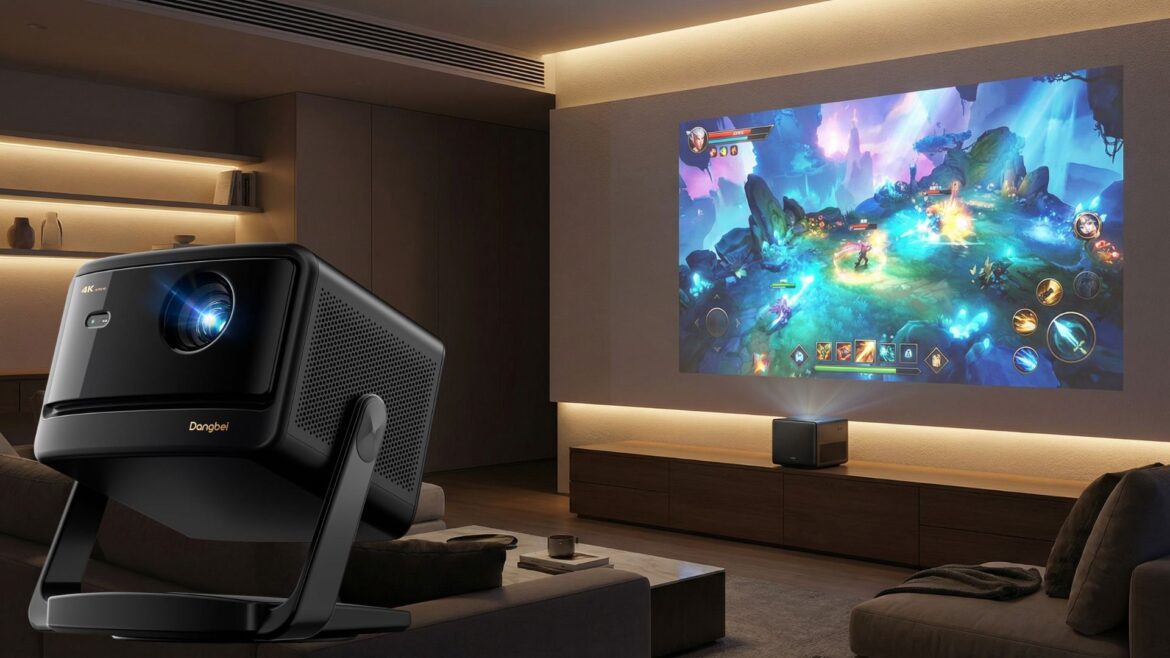 Dangbei DBOX02 Pro projector displaying 4K gaming content on large screen in modern living room