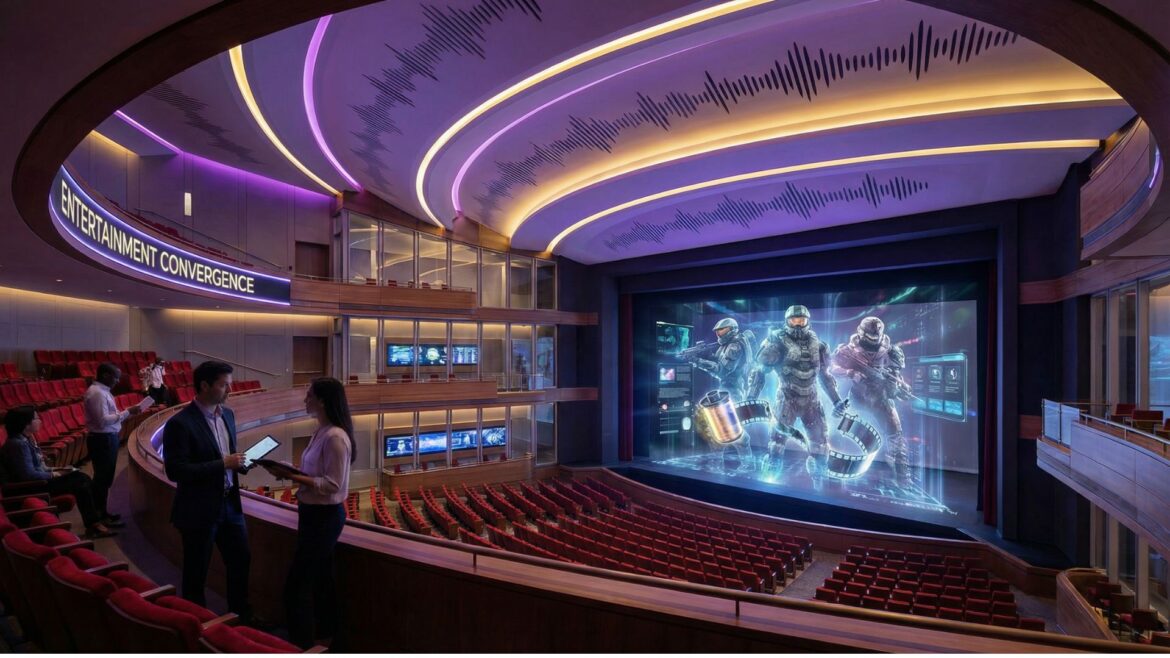 Modern theater interior blending Hollywood and gaming imagery representing the GamesBeat CTRL Hollywood 2025 conference at the Grammy Museum