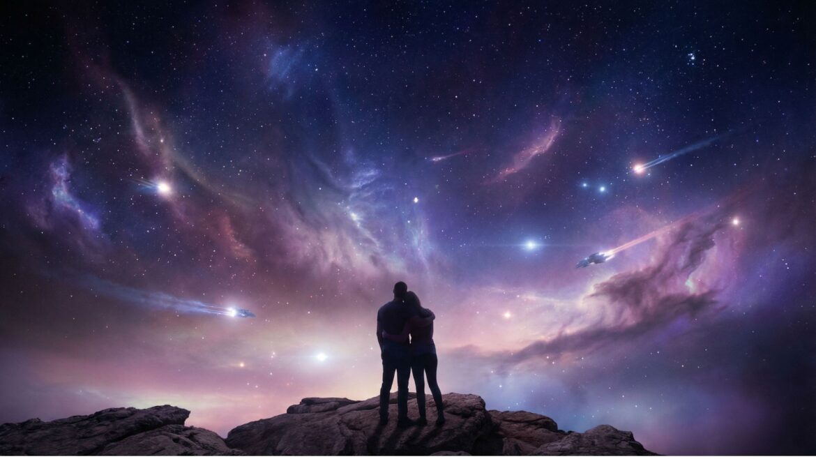 Romantic space opera scene with galaxies and starships creating atmospheric sci-fi backdrop