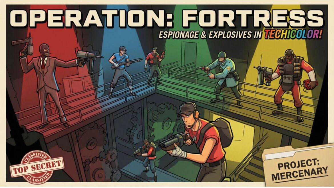 Team Fortress 2 Classified promotional art showing multiple team factions in retro spy film aesthetic with vintage styling and action poses