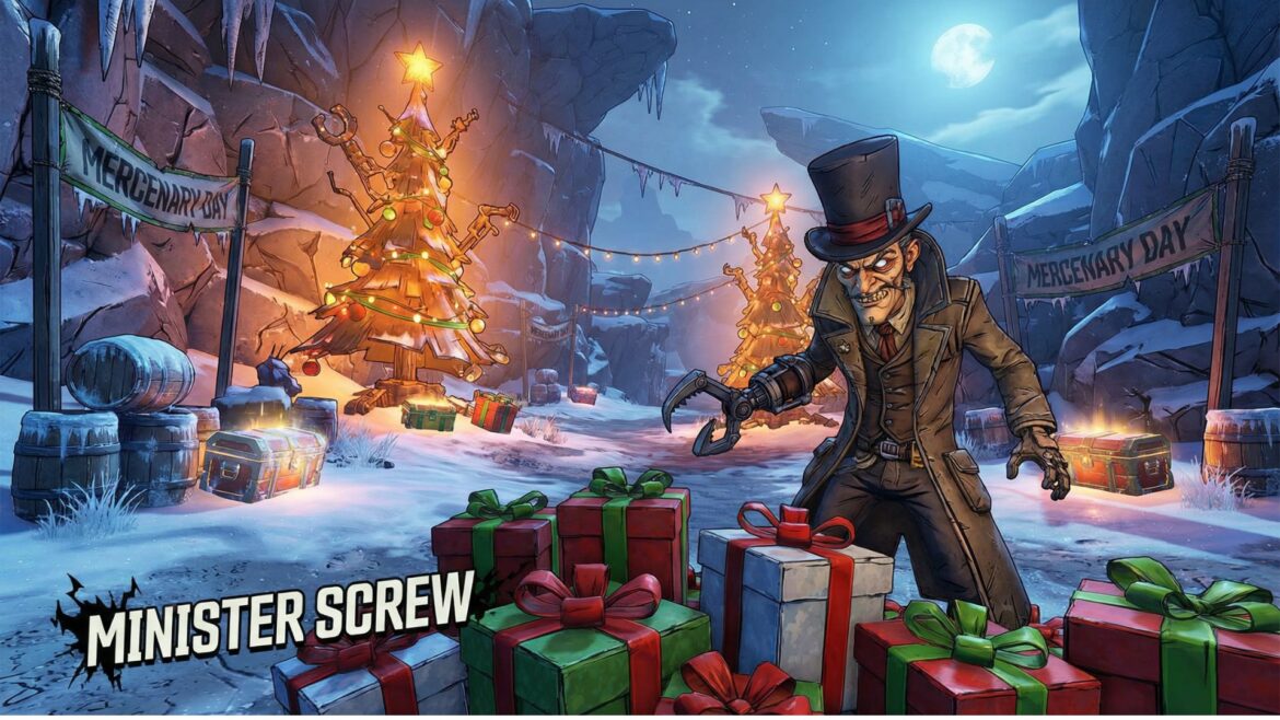 Borderlands 4 Bounty Pack 1 How Rush Saved Mercenary Day promotional artwork featuring holiday-themed looter shooter content