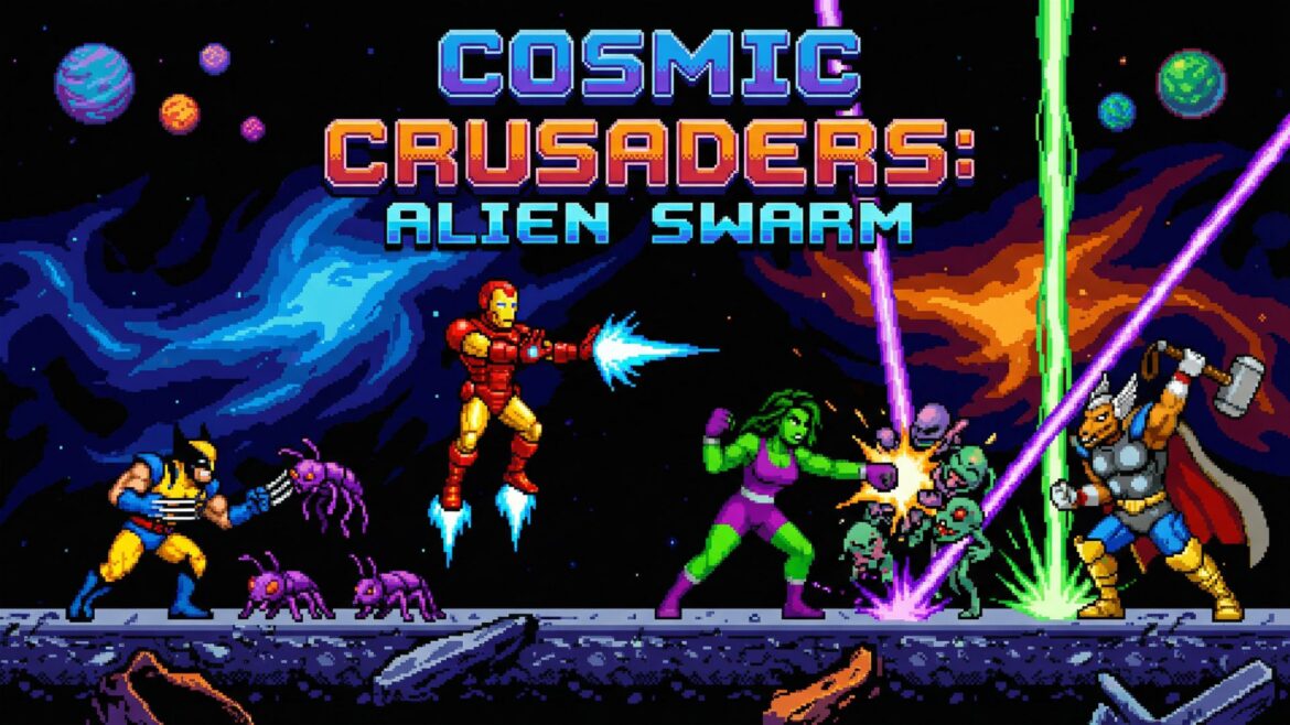 Pixel art scene showing Marvel heroes Wolverine, Iron Man, She-Hulk and Beta Ray Bill battling alien bugs in space from Marvel Cosmic Invasion