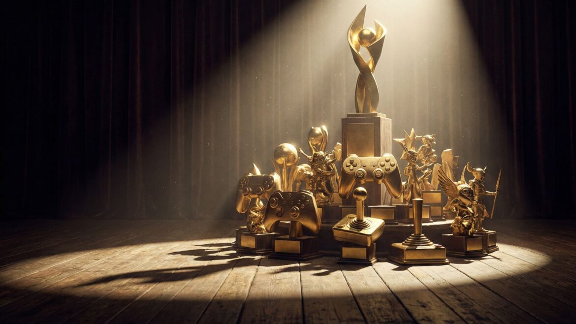 Collection of gaming award trophies arranged dramatically under spotlight lighting on ceremony stage