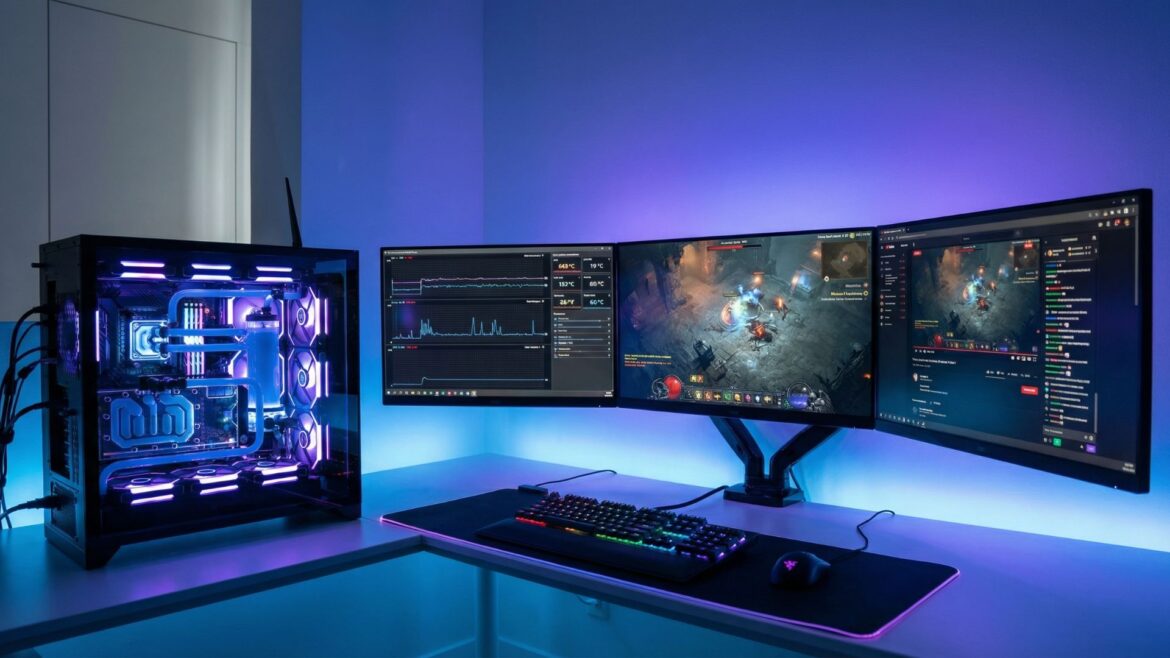 High-performance gaming PC setup with RGB lighting and multiple monitors showing performance optimization tools