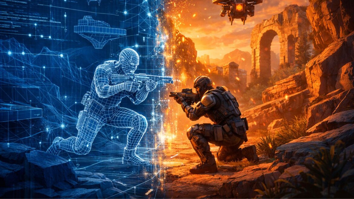 Split view showing hidden game mechanics and code behind polished video game graphics