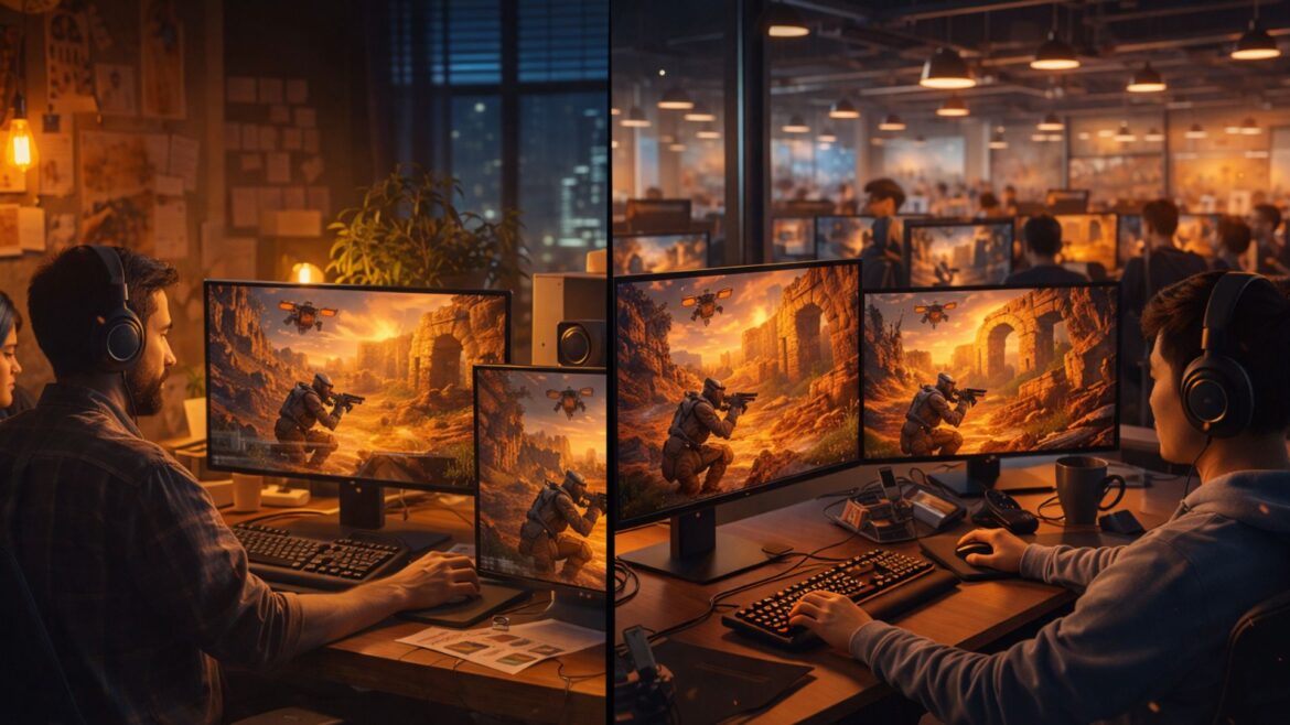 Comparison showing indie and AAA studios achieving similar visual quality through accessible game development tools