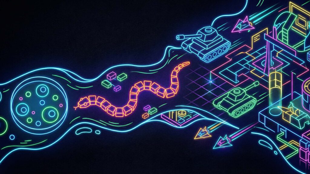 Visual history of io games showing evolution from simple cells to complex multiplayer browser games