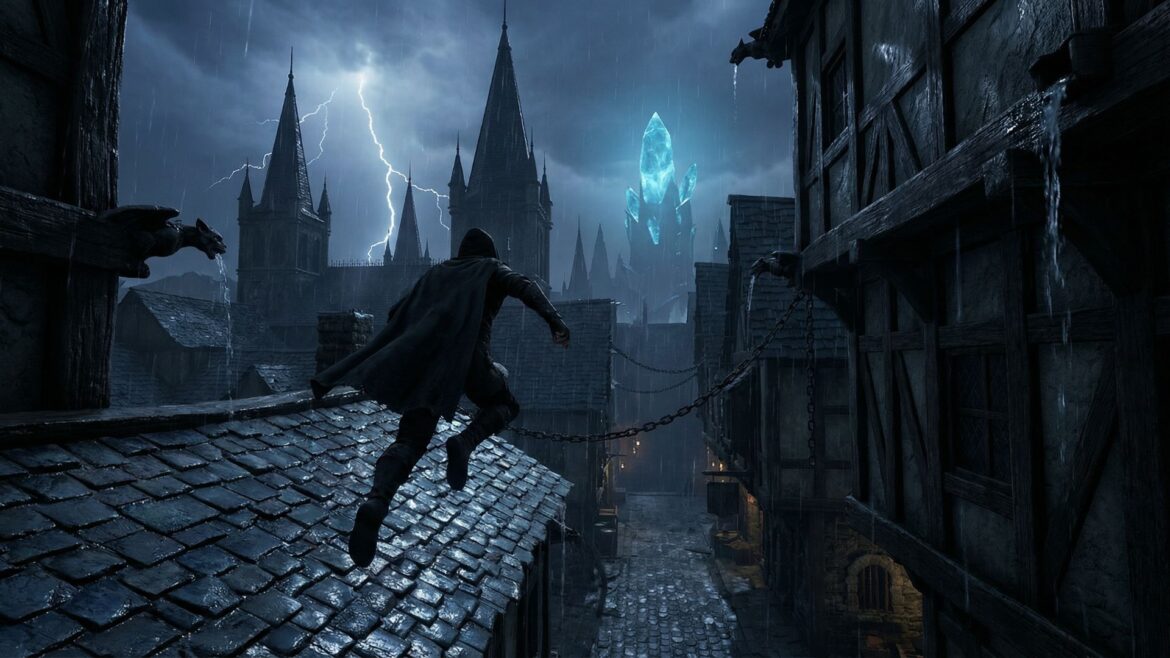 Dark fantasy rooftop chase scene during a rainstorm in a medieval city with glowing magical crystal