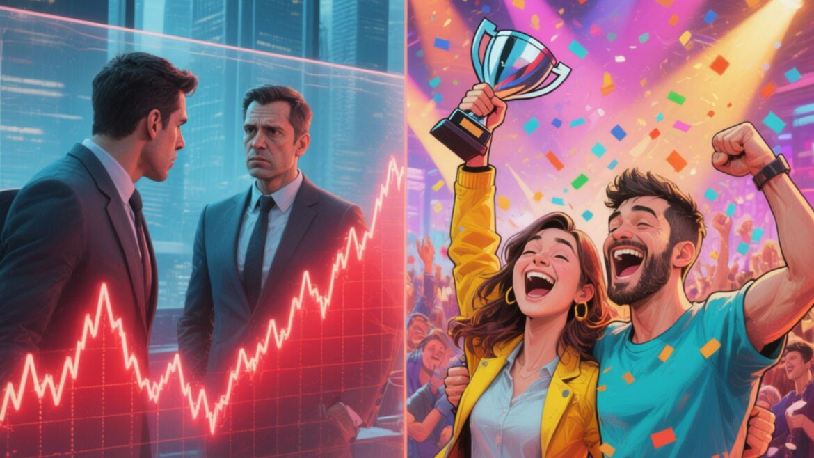 Split image contrasting gaming industry corporate struggles with indie developer success in 2025