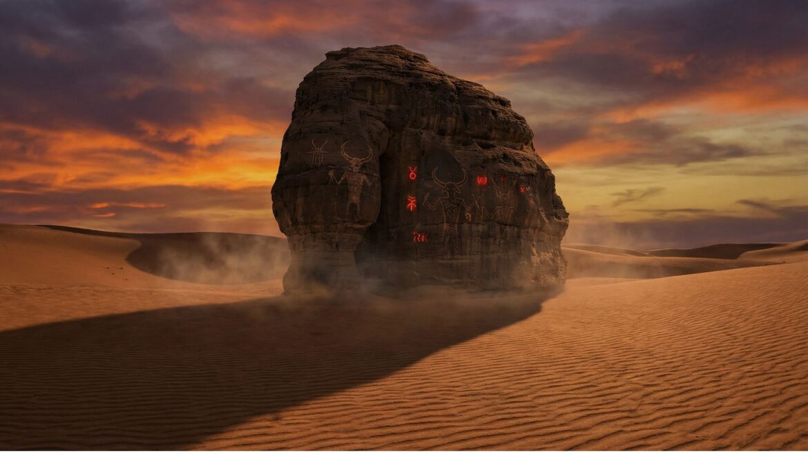 Mysterious boulder covered in demonic carvings sitting alone in a desert landscape at sunset representing viral video game marketing campaign