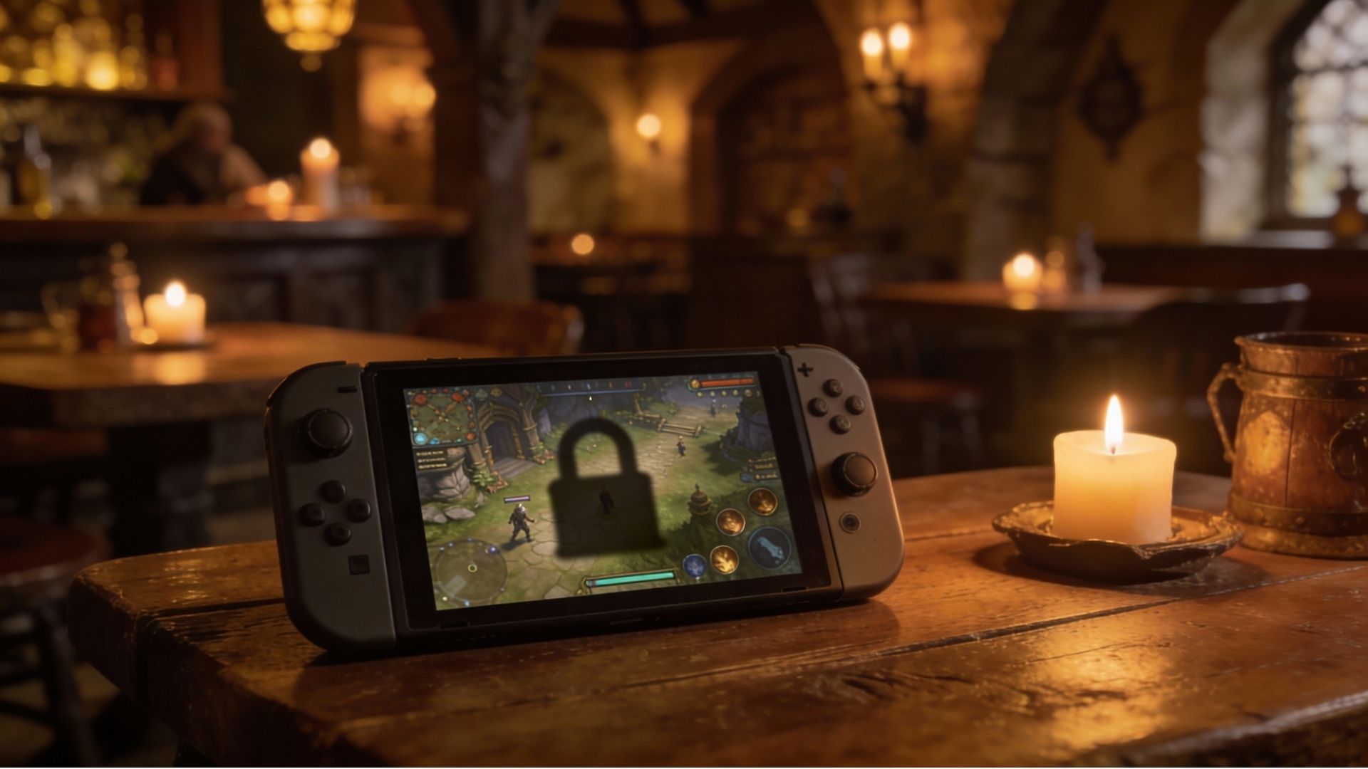 Fantasy RPG game on handheld device screen with subtle barrier imagery representing Baldur's Gate 3 Switch 2 unavailability