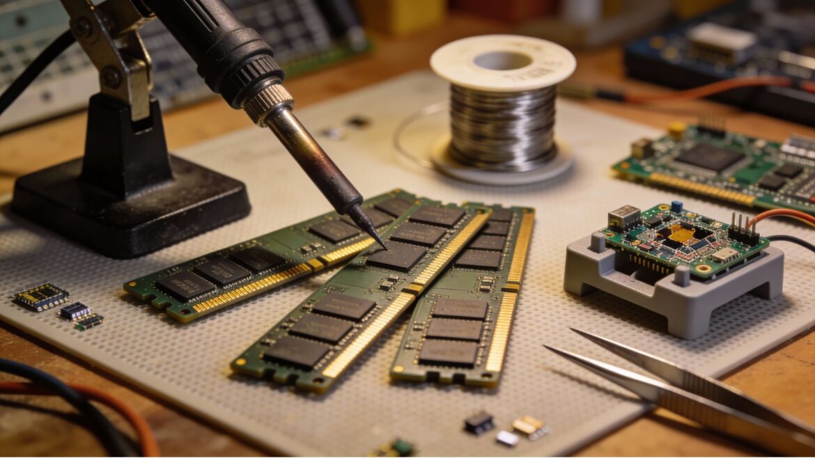 DIY workbench setup with DDR5 memory modules and soldering equipment for homebrew RAM building project