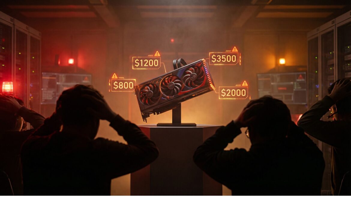 Graphics card with escalating price tags representing dramatic hardware cost increases