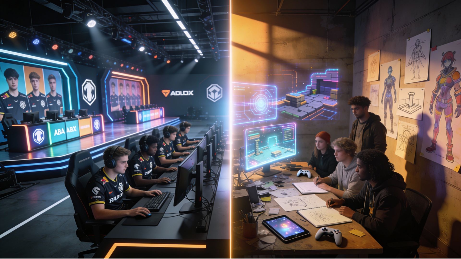 Split visual contrasting safe mainstream gaming with bold experimental game development representing Capcom's creative philosophy