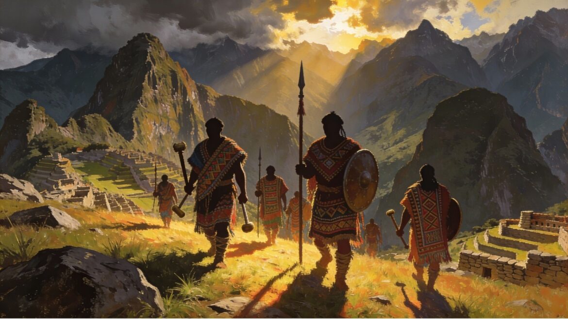 South American indigenous warriors in Andean highlands preparing for battle with traditional weapons and mountain backdrop