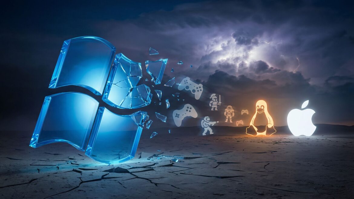 Windows logo fragmenting as gaming elements migrate toward alternative platforms