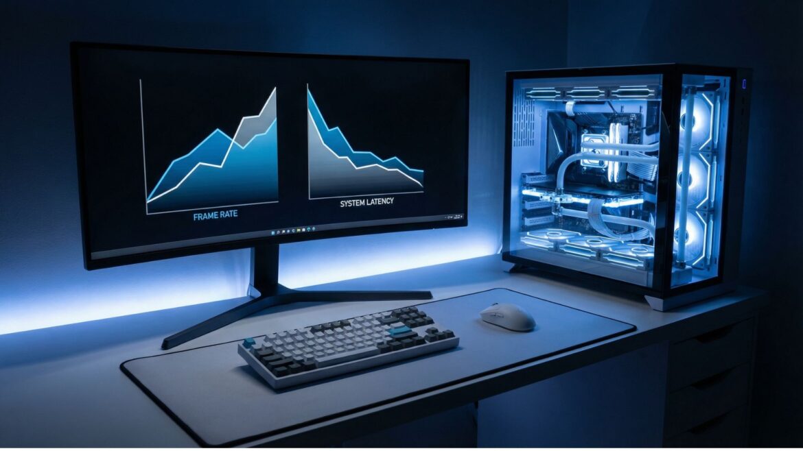 Gaming PC setup displaying performance optimization results with improved frame rate graphs