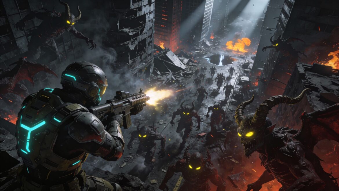 Dark Light Survivor gameplay showing soldier battling demonic hordes in post-apocalyptic setting