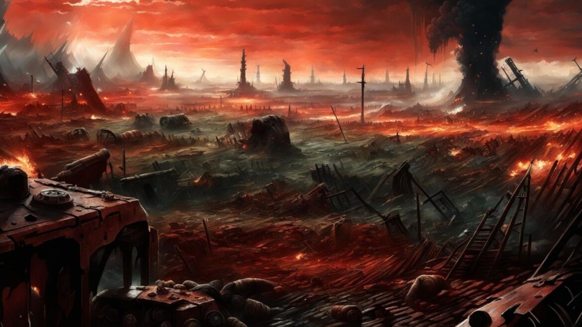 Massive sci-fi battle scene with Space Marines and Orks clashing on alien planet with orbital ships above representing Total War Warhammer 40000