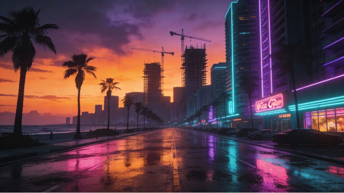 Atmospheric cityscape representing GTA 6's setting with construction elements suggesting ongoing development