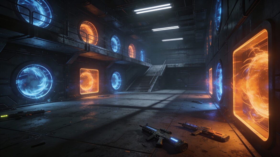 Empty futuristic arena shooter environment with glowing portals representing Splitgate's declining player population