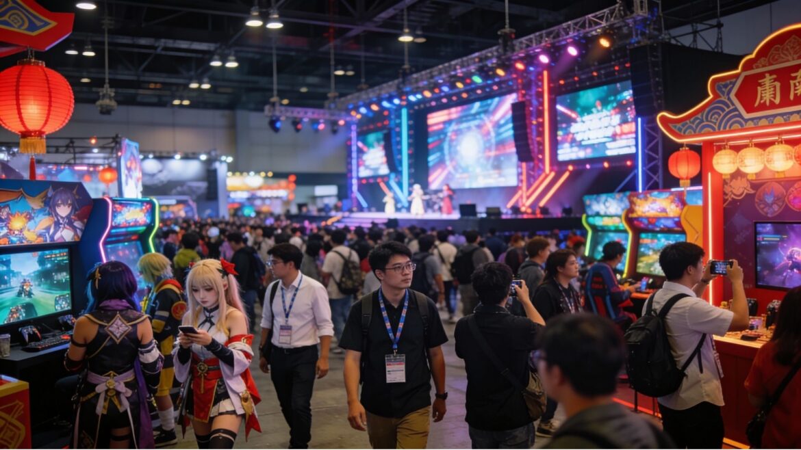Crowded Taipei Game Show convention floor with gaming booths, stage events, and enthusiastic attendees representing the hybrid B2B and B2C atmosphere