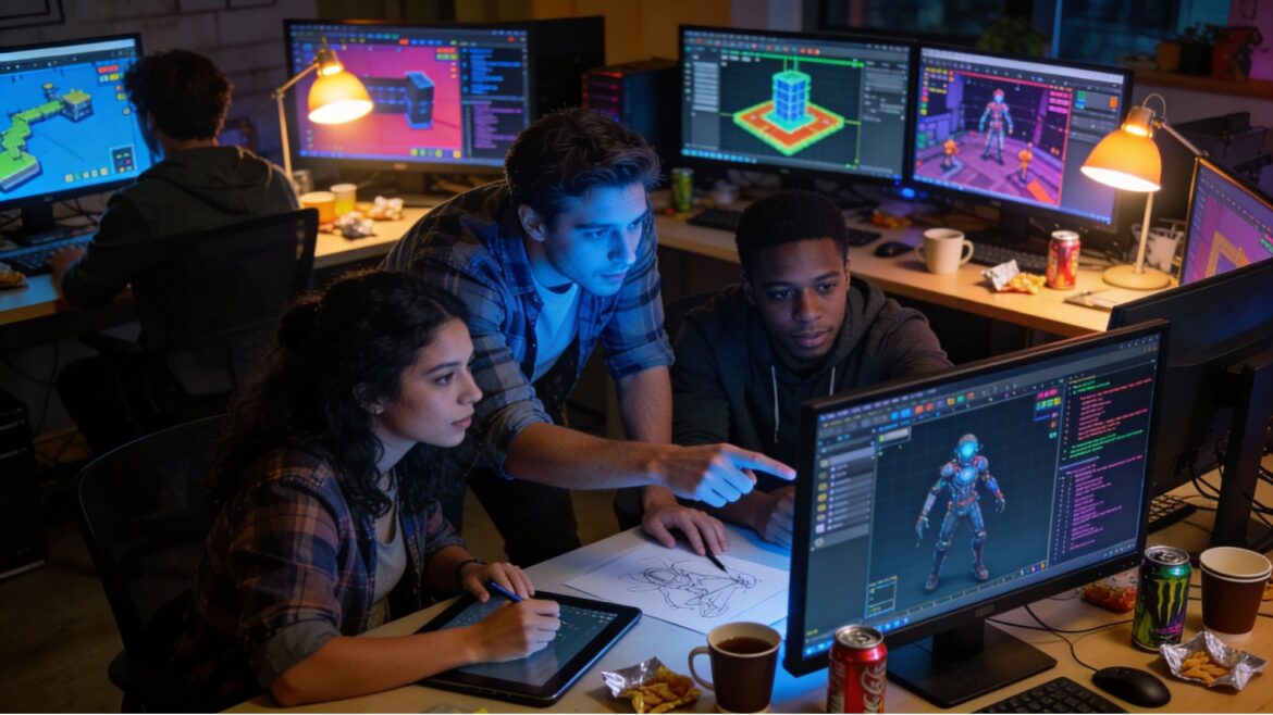 Game developers collaborating during game jam event with computers and creative workspace