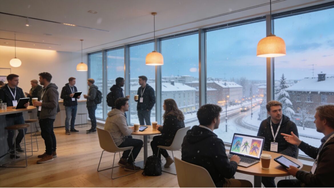 Professional networking at Nordic gaming conference with Scandinavian winter setting visible through windows