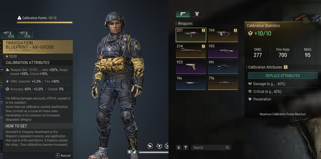 game character inventory screenshot showing a fully geared soldier on the left and weapon and stats UI panels on the right