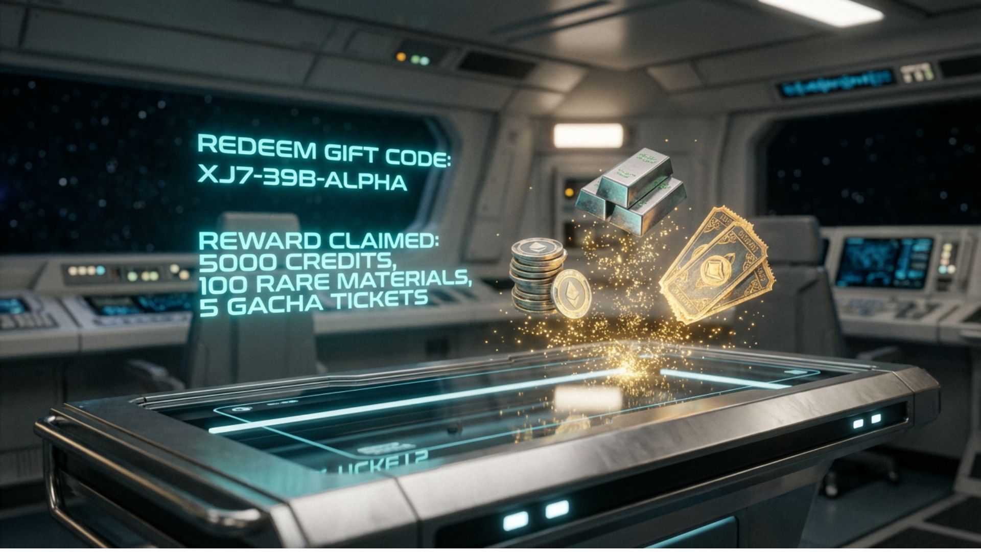Holographic gift code redemption interface displaying premium currency and reward items in a futuristic spacecraft setting