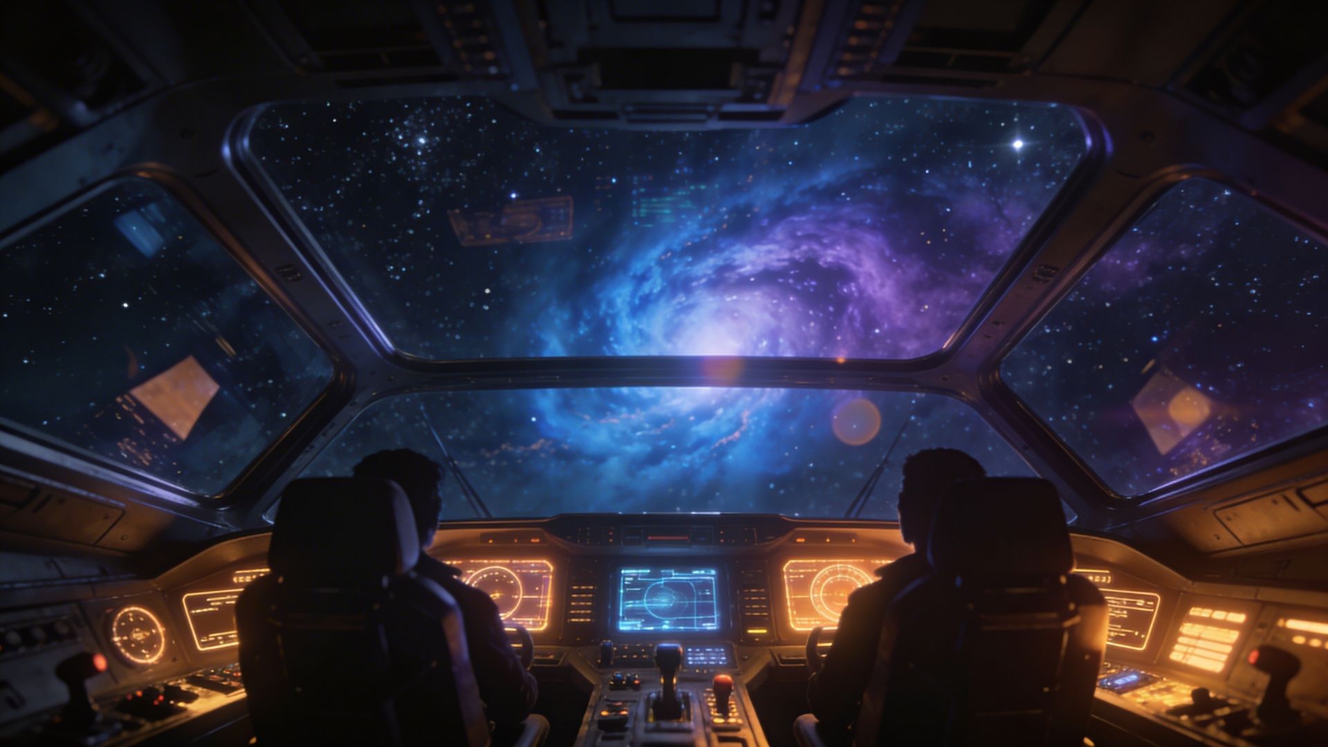 View from inside a spacecraft cockpit looking out at a colorful nebula in deep space with two pilot seats and warm instrument lighting