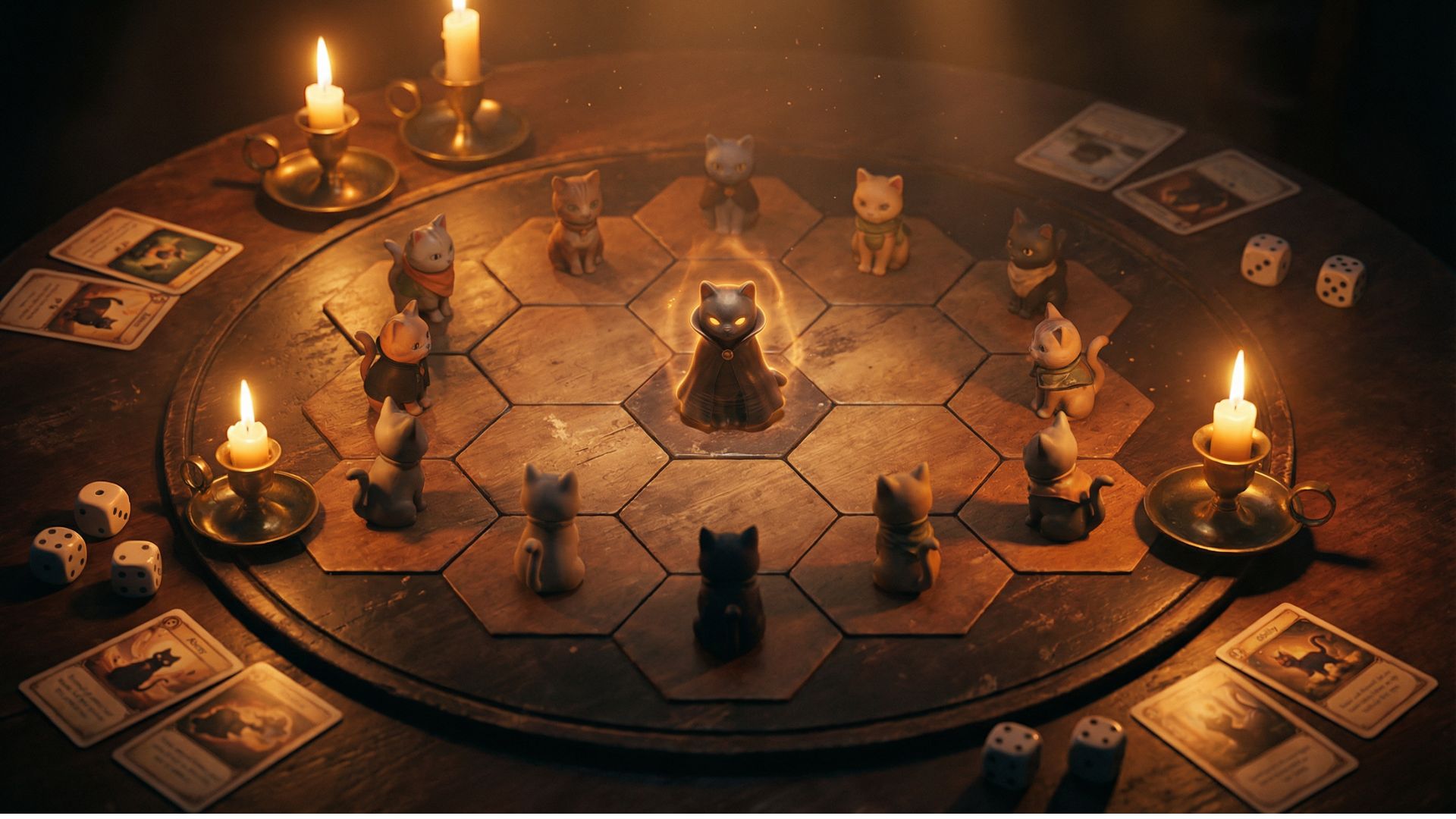 A dimly lit tactical game board with stylized cat figurines on hexagonal tiles surrounded by ability cards and warm candlelight