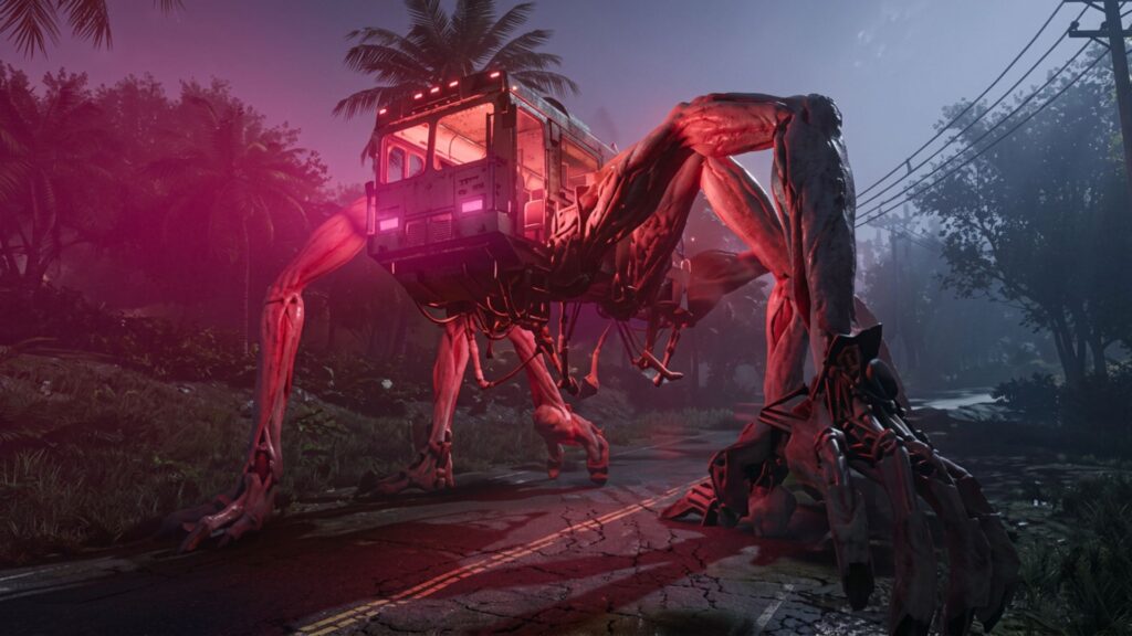 Giant multi‑legged mechanical creature walking on a road at night, illuminated by bright pink neon light in a futuristic scene