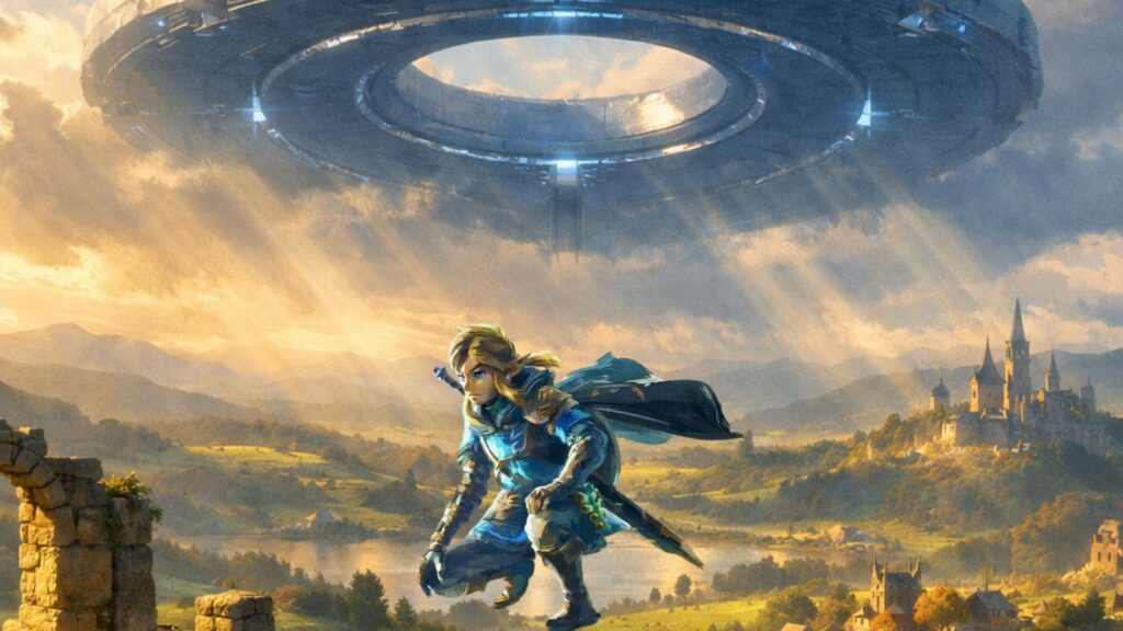 A vast green fantasy landscape with ancient ruins and a mysterious metallic structure hovering in the distant sky above the horizon at golden hour