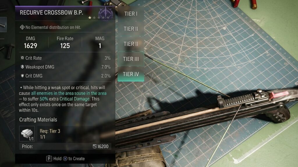 crafting menu for a recurve crossbow blueprint